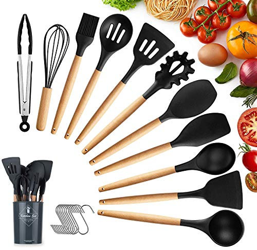 KagoLing Utensilios Cocina de Silicona, Juego de Utensilios de Cocina Resistentes al Calor y Antiadherentes con Mango de Madera 12 Piezas+10 S Ganchos para Utensilios (Negro)