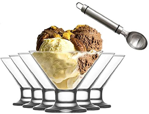 Set di 6 coppette per gelato e dessert in vetro da 165 ml + 1 cucchiaio in metallo per gelato da 19 cm