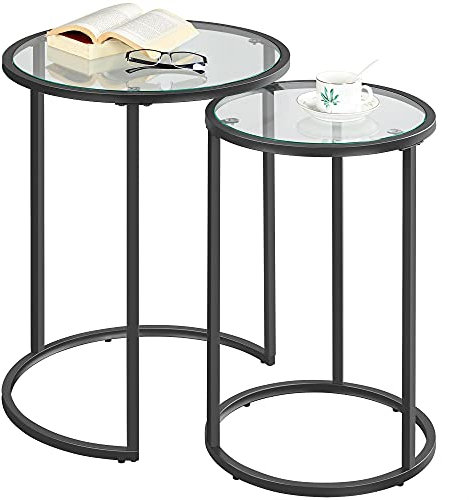 Yaheetech Round Nesting Table, Set of 2 Coffee Table with Glass Top, End Side Table with Metal Frame for Living Room/Bedroom/Reception, Black, 49.5 x 49.5 x 59 cm