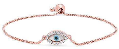 Tongari 925 Sterling Silver Rose Gold Evil Eye Bracelet, Adjustable| Gifts for Women & Girls | With Certificate of Authenticity and 925 Stamp, Sterling Silver , no gemstone