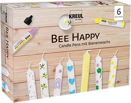 Kreul 49757 - Candle Pen 6er Set Bee Happy, 6 x 29 ml, feine Malspitze, Farben mit Bienenwachs zum Verzieren & Bemalen von Kerzen, Trocknungszeit ca. 8 Stunden, Yellow