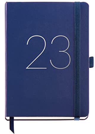 Miquelrius - Jahresplaner 2023 - Woche Ansicht - Plus Größe 155 x 213 mm (ca. A5) - Hartcover aus Kunstleder genäht - Gummizug - Spanisch, Englisch und Portugiesisch - Blau