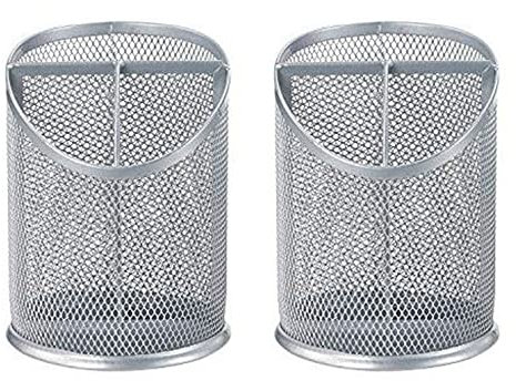 SagaSave 2 Pcs Metal Mesh Pen Holder, Round Wire Mesh Pencil Pot, Desk Organizer Pen Cup, Perfect for School, Office, Home (Silver)