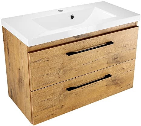 Waschbecken mit Unterschrank 80 cm Breit Girona, Waschbeckenunterschrank Hängend mit Schubladen, Waschtischunterschrank, Waschbeckenunterschrank Holz (Lancelot-Eiche) - Mineralguss Waschtisch