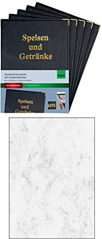 SIGEL SM100 Speisekarten-Mappen für A4, mit Gummi-Bindung, schwarz, 5er Pack + SIGEL DP371 Hochwertiges Marmor-Papier grau, A4, 100 Blatt, Motiv beidseitig, 90 g, Briefpapier, Speisekarte
