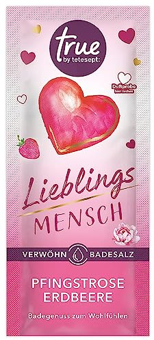 true by tetesept Lieblingsmensch Verwöhn-Badesalz – Veganer Badezusatz duftet nach Pfingstrose und Erdbeere – Wohltuender Badegenuss mit ätherischem Öl – 1 x 50 g