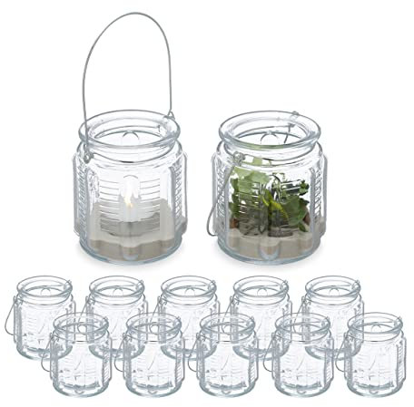 Relaxdays Windlicht, 12er Set, Glas, mit Henkel, innen & außen, Deko Teelichthalter, HxD: 9 x 8,5 cm, transparent/Silber, x 8,5 c