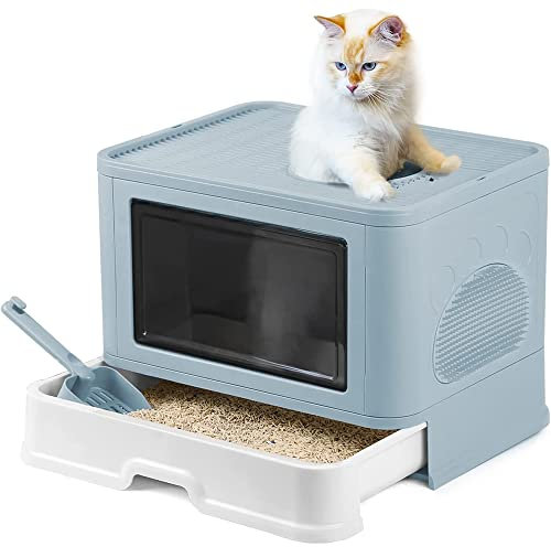Katzenklo, Katzentoilette, mit Deckel, ausziehbares Tablett, geräumig für Katzen bis 15 kg, weniger Spuren, auslaufsicherer Boden (48.5 * 36.5 * 38cm,Frisches Blau)