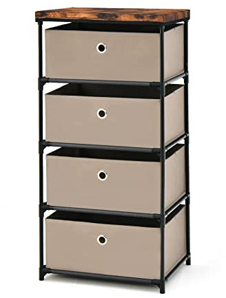 COSTWAY Commode 4 Tiroirs en Tissu, Commode Chambre avec Cadre en Métal et Plateau, Commode Haute pour Chambre Adulte/Enfant, Couloir, Entrée, 42x33,5x84,5cm (Café Clair)