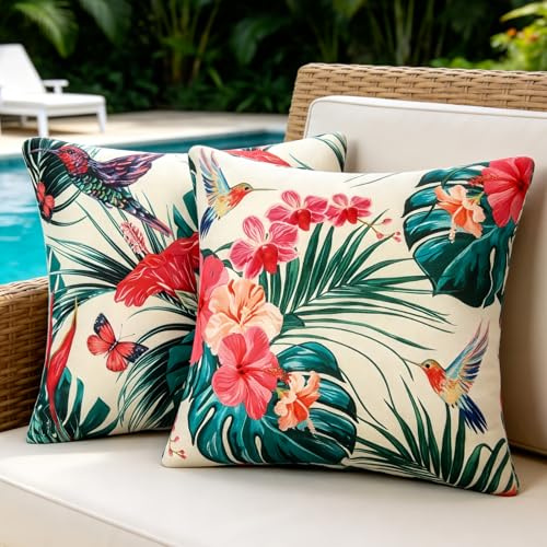 2 pcs Housse de Coussin 40x40 CM Exterieur Housse Coussin Imperméable Housses de Coussin Colorée Plantes Vertes Feuilles de Monstère Lin pour Salon Patio Jardin Canapé Coussin Decoration