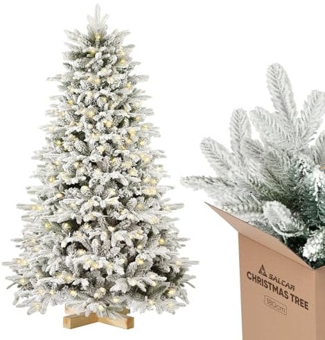 SALCAR Weiss Künstlicher Weihnachtsbaum mit Beleuchtung 180 cm, Schnee Tannenbaum Künstlich mit 330 LED, Handschuhen, Holzständer