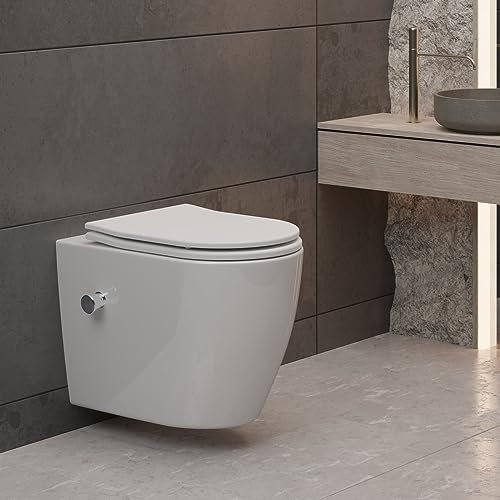 HAGO 24 WC suspendus avec bidet I WC suspendu I Cuvette de WC élégante et sans bord suspendue avec système d'abaissement automatique I WC mural peu encombrant I WC en céramique de qualité supérieure