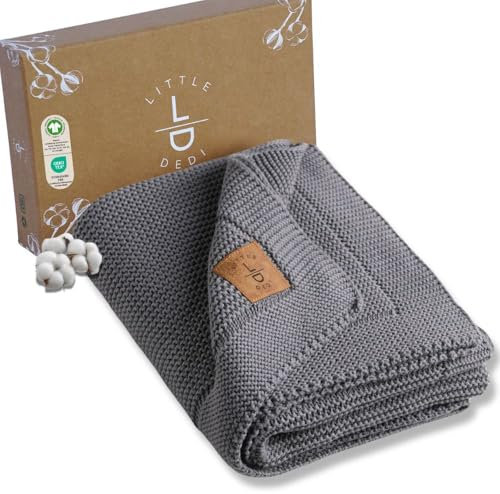 Little Dedi Strickdecke aus 100% Bio-Baumwolle GOTS Zertifizert, 80x100 cm. Dunkelgrau- Atmungsaktiv, Temperatur regulierend, in eleganter Geschenkbox für Babys