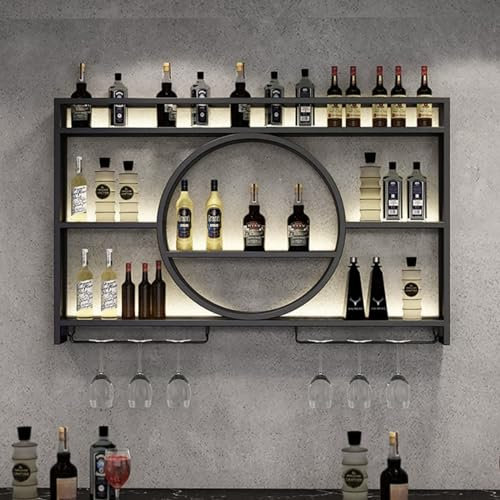 Porte Bouteille Mural En Fer Avec Porte-verre À Vin,Range Bouteille Avec Lumière LED,Etagere A Vin,Casier À Vin Métal,Casiers À Bouteille,Rangement Bouteille De Vin,Étagère Murale À Bouteilles,Noir/Or