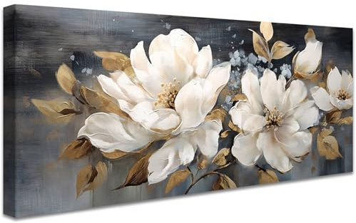 Mit Rahmen Leinwand Bilder Cremefarbene Pfingstrosen Blumen Bild auf Leinwand Malerei Poster Goldene Blätter Grau Bild Wandbilder Heim Restaurant Wohnzimmer Schlafzimmer Wanddekoration 50x120cm