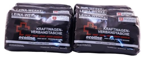 6 x KFZ Verbandtasche schwarz Leina Din13164-2022 mit Maske frische Produktion