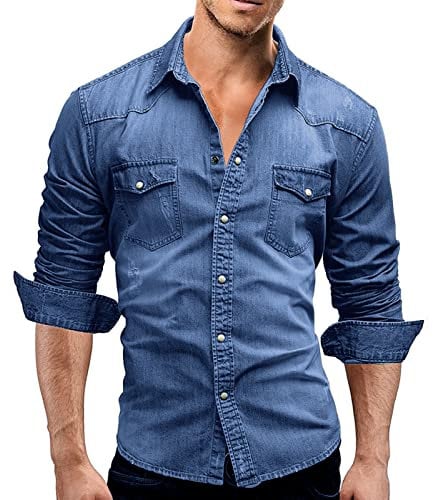 Rodawu Mens Denim Shirt Stretch Cotton Cowboy Button Down Casual Jacket Muscle Fit Blue 2XL