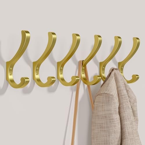 jockcaras Hanging Coat Hooks Wall Mount - Wall Hooks For Hanging Heavy Duty (30LB),Large Coat Hanger Wall Hangers,Metal Hooks For Hanging Towels,Backpack,Hat,Jacket,Key,Bag,Purse,Clothes (Gold 6 Pack)