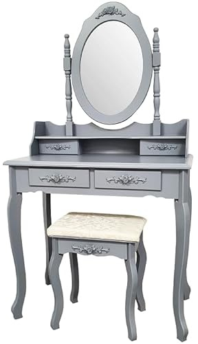 BDW TL01 Schminktisch - mit Spiegel, Schubladen und Hocker - Kleiner Tisch - für Schlafzimmer, Jugendzimmer - Make Up Tisch - Frisiertisch - Kosmetiktisch - Vintage Stil - Grau