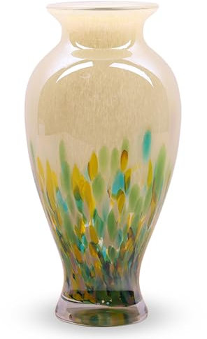 Vase en verre soufflé à la main de 30 cm de haut, beau vase vert de mer à large ouverture pour centre de table, vases à fleurs en verre de Murano peint coloré pour entrée de maison, centre de mariage