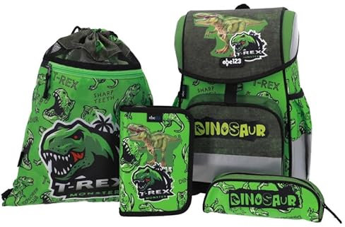 DINO DINOSAURIER | FIDLOCK | SCHULRANZEN SET 1 KLASSE | SET 4 TEILIG FÜR GRUNDSCHULE | LEICHT | ERGONOMISCH und ANATOMISCH | FEDERMÄPPCHEN SPORTBEUTEL STIFTEETUI |