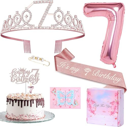 7 Geburtstag Mädchen Deko, 7. Geburtstagskrone und Schärpe, Tortendeko und Kerzen, Roségold Folienballon 7, 7. Geburtstag Party Deko Supplies