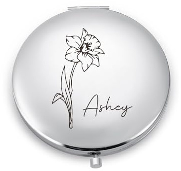 Lam Hub Fong Personalisierter Taschenspiegel für Damen Kompaktspiegel mit Namen und Geburtstagsblume, Schminkspiegel als Geschenk für Mama Oma Freunde
