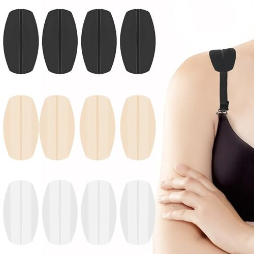 12 Stück Bh-Trägerkissen BH Trägerpolster Silikon BH Trägerkissenhalter Anti Rutsch Schulterpolster Bra Strap Pad Halter BH-Zubehör Lindert Schmerzen Schulterpolster Damen(Weiß,Hautfarben,Schwarz)