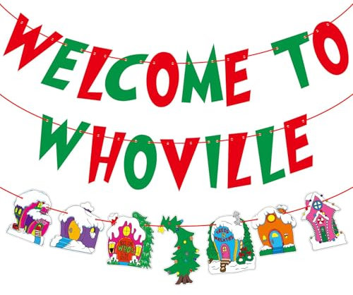 RMMDO Welcome to Whoville Banner Whoville Schild Weihnachtsdekorationen Rot und Grün Weihnachtsbanner Xmas Whoville Weihnachten Dorf Bäume Banner Frohe Weihnachten Dekorationen für Haus Büro Schule