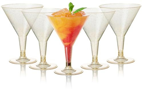 MATANA 96 Premium Plastic Martini Cocktail Glasses with Gold Glitter (210ml) - Elegant & Reusable - Manhattan, Margarita, Cosmopolitan, Desserts - Weddings, Birthdays, Parties