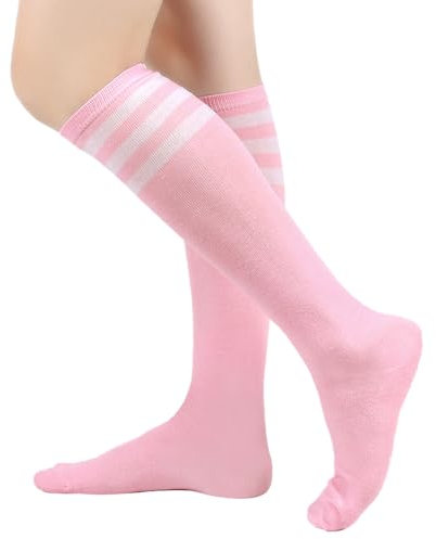 BrightGlow Chaussettes hautes pour femme - Chaussettes hautes rétro avec rayures - Chaussettes hautes - Chaussettes hautes - Chaussettes rayées - Chaussettes de sport - Taille unique, Rose #1, taille