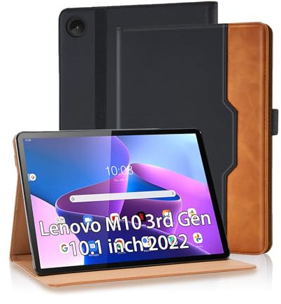 Vkooer Funda para Lenovo Tab M10 de 3ª generación (TB328FU /TB328XU) de 10.1 pulgadas 2022, piel sintética, multiángulo, funda protectora con soporte, bolsillo frontal y banda de fijación, color negro