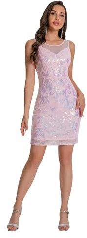 ABEHIK Robe à paillettes pour femme - Sexy - Courte - Col rond - Robe scintillante pour festival de musique - Robe de soirée - Mini robe courbée, clubwear, Rose, L