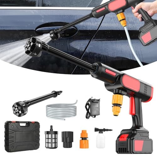 Hidrolimpiadora Inalámbrica, 80 Bar 21V Hidrolimpiadora Bateria, 6 en 1 Pistola de Alta presión con 5 m Manguera y Accesorios para Coches, Ventanas, césped (Negro)