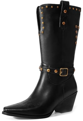 RONILURN Stivali da cowboy da donna, larghi, a metà polpaccio, punta quadrata, tacco grosso, tacco basso, con borchie, nero, 39.5 EU