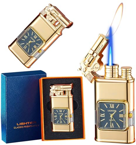 CYJBAO Jet Lighter - Windproof Jet Flame and Soft Flame, Cool Embossed Craft with Visible Fuel Window, Refillable Adjustable Butane Lighter for Outdoor Indoor (Without Butane)-Gold/G