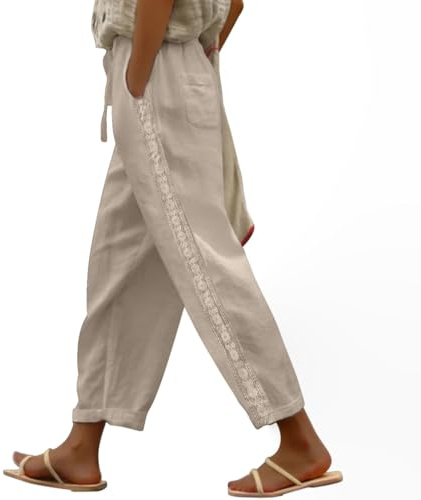 Puimentiua Sommerhose Damen Leicht,Dünne Leinenhose Sommer,Lockere Luftig Sommerhosen,Elegante Spitze 7/8 Hose Damen,High Waist Linen Pants Mit Tunnelzug Und Taschen (S-XXL)
