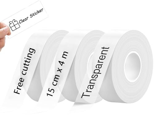 3 Stück Etikettenband Selbstklebend, Selbstklebend Thermo-Etiketten Papier, Drucken Sie Barcode, Thermo Etikettenband, Geeignet für den Druck auf kleinen Druckern und Notizen, 15mm x 4m(Transparent)