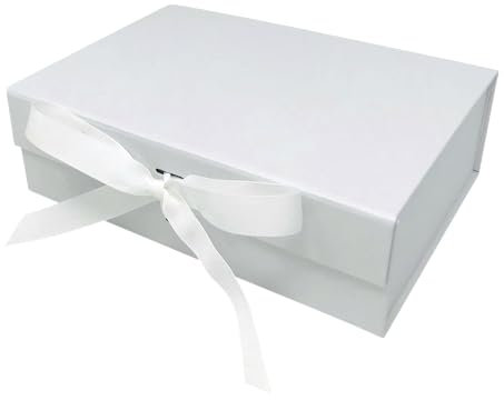 LDPackagingmall Luxury A4 Size White Folding Magnetic Closure Gift Box with Changeable Ribbon - L31cm x W22cm x H10cm (White)