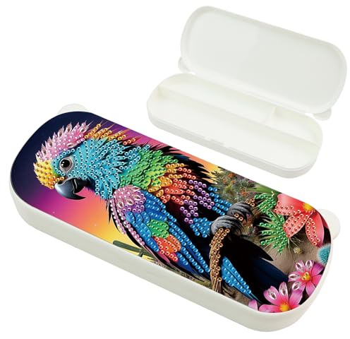 DCIDBEI Peinture Diamant Boîte à Crayons avec Couvercle en Plastique Peinture par Numéros Boîte de Rangement pour Stylos Boîte à Crayons de Bureau Colorée pour Papeterie Perroquet