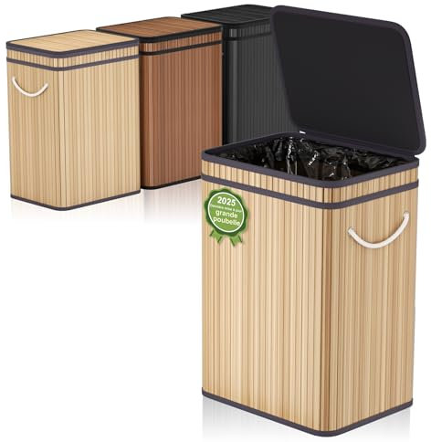 Mihoho Grande poubelle de 80 litres avec couvercle, corbeille à déchets en bambou, poubelle d'extérieur pour la maison, le bureau, la salle de bain, la cuisine 40X30X60 CM (Kaki)