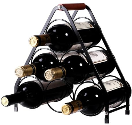Axroad Mall Metal Wine Rack, 6 Bottles Stackable Wine Organizer with Wooden Handle, 3 Tier Freestanding Wine Bottle Storage Rack for Countertop Table Top Coffee Bar Kitchen (Black, Triangle)