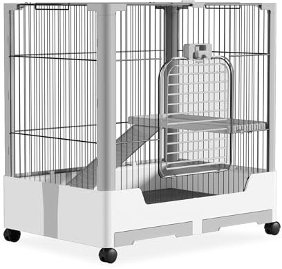 FIVMEN Kaninchenstall Innen Draußen Kaninchenkäfig Hasenkäfig mit Offenem Dach, Sicherheitsschlösser, Leiter und Schubladen Kleintierkäfig Hasenstall Kaninchenhaus, Einzelschicht