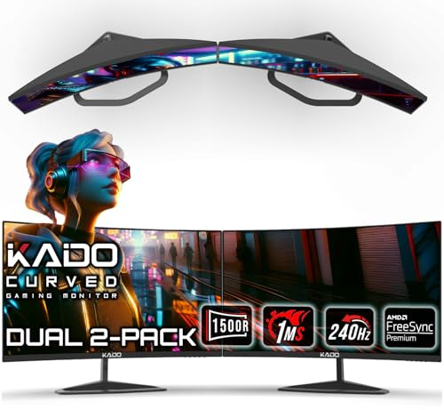 Kado 25 Inch Class Dual Gaming Monitor Setup - Pack of 2 24.5 Curved 1500R 240Hz 1ms 1920x1080 Computer Monitor, Parallel Gaming AMD FreeSync Premium Panoramic, VESA HDMI Mount