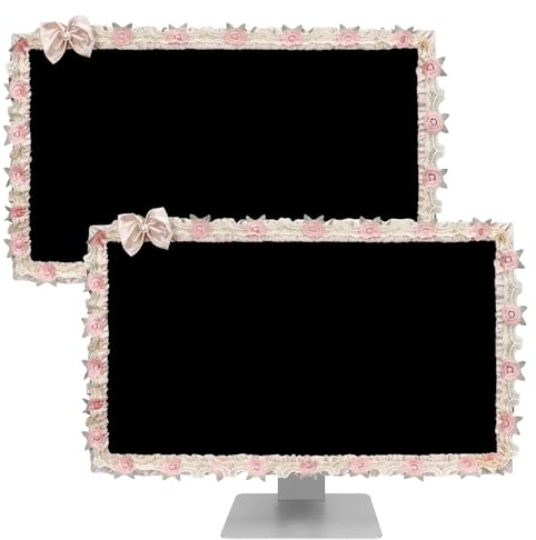 ReignSword 2 Pcs 23''-26'' Cute Computer Monitor Cover with Bow Tie, Lovely Computer Accessories with Lace Design, Monitor Dust Cover Protector (Beige)