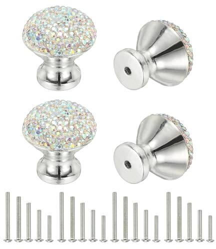 sourcing map Drawer Knobs,4Pcs 1.1 Inch (28mm) Diameter Bling Diamond Decoration Cabinet Knob, Round Rhinestones Pull Handle with Screws for Home, Office, Kitchen (White Base + AB Diamond)