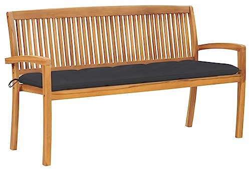 Makastle Gartenbank mit Anthrazit Auflage, Stapelbare Parkbank für Terrasse, Balkon, Bequemer Transport Lagerung, 159 x 57,5 x 90 cm Massivholz Teak Braun