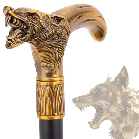 Aluminum Alloy Brass Wolf King Walking Cane for Men and Women, Gothic Decorative Ornate Metal Cane with Ergonomic Handle Stick for Senior