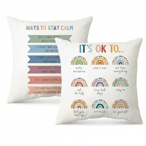 Hopomoon Positive Vibe Rainbow Dekorativer Kissenbezug 45 x 45 cm Kissenbezug mit den Sprüchen „It's OK to” und „Stay Calm” für Sofa, Büro und Wohnzimmerdekoration für die psychische Gesundheit