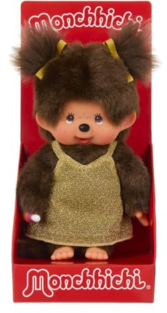 Sekiguchi 204038 - Original Monchhichi Mädchen mit goldenem Glitzerkleid, ca. 20 cm großes Kuscheltier aus braunem Plüsch